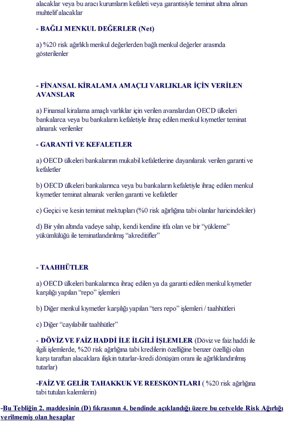 kefaletiyle ihraç edilen menkul kıymetler teminat alınarak verilenler - GARANTİ VE KEFALETLER a) OECD ülkeleri bankalarının mukabil kefaletlerine dayanılarak verilen garanti ve kefaletler b) OECD