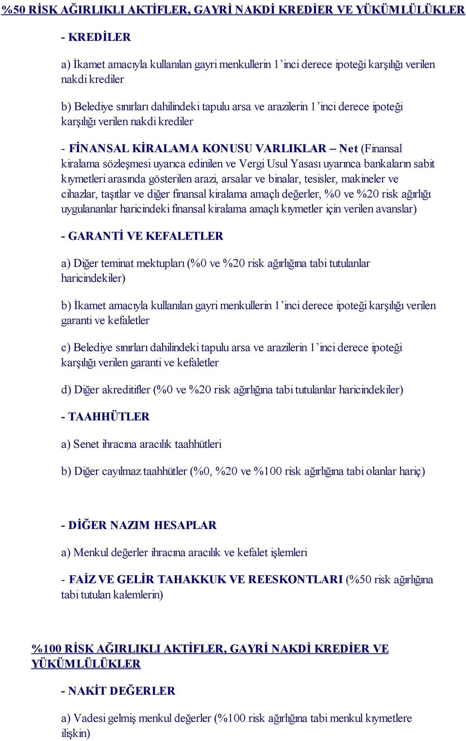 Usul Yasası uyarınca bankaların sabit kıymetleri arasında gösterilen arazi, arsalar ve binalar, tesisler, makineler ve cihazlar, taşıtlar ve diğer finansal kiralama amaçlı değerler, %0 ve %20 risk