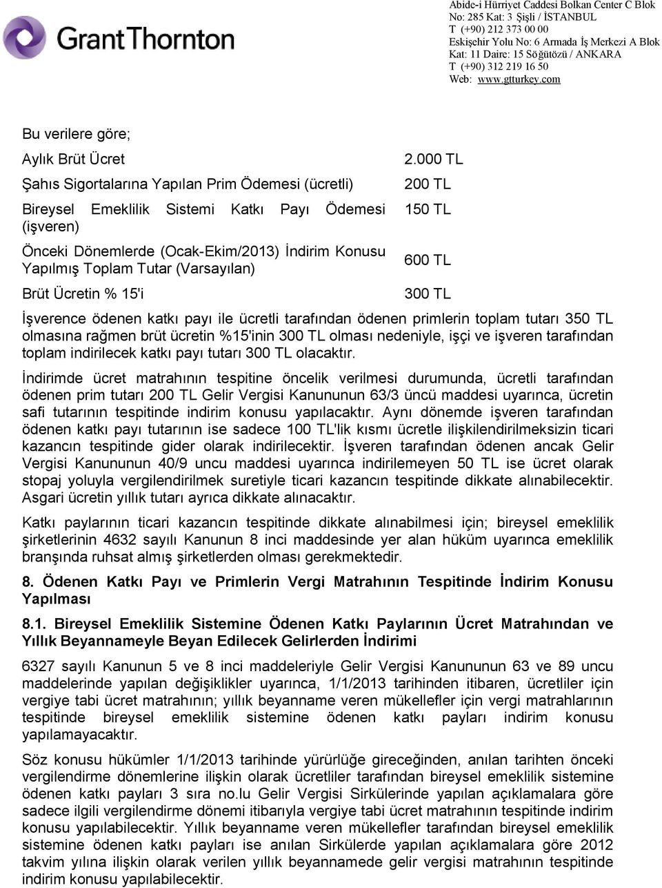 000 TL 200 TL 150 TL 600 TL 300 TL İşverence ödenen katkı payı ile ücretli tarafından ödenen primlerin toplam tutarı 350 TL olmasına rağmen brüt ücretin %15'inin 300 TL olması nedeniyle, işçi ve