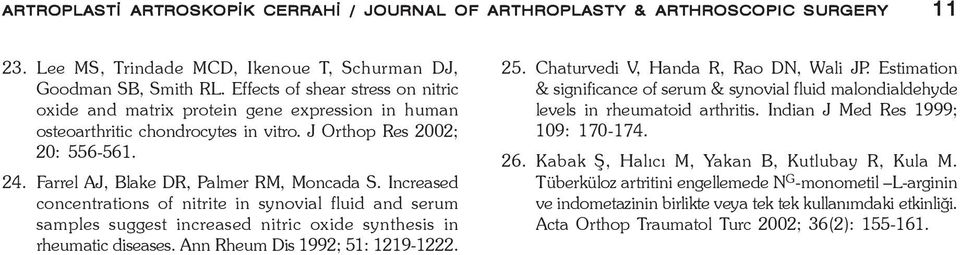 Increased concentrations of nitrite in synovial fluid and serum samples suggest increased nitric oxide synthesis in rheumatic diseases. Ann Rheum Dis 1992; 51: 1219-1222. 25.