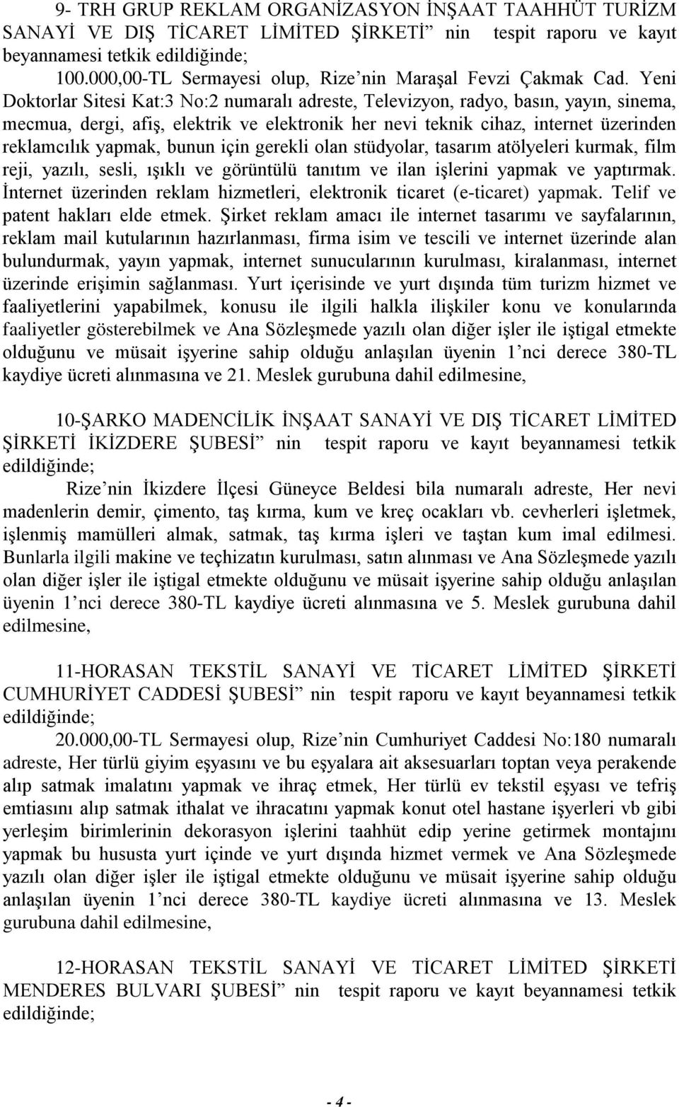 Yeni Doktorlar Sitesi Kat:3 No:2 numaralı adreste, Televizyon, radyo, basın, yayın, sinema, mecmua, dergi, afiş, elektrik ve elektronik her nevi teknik cihaz, internet üzerinden reklamcılık yapmak,