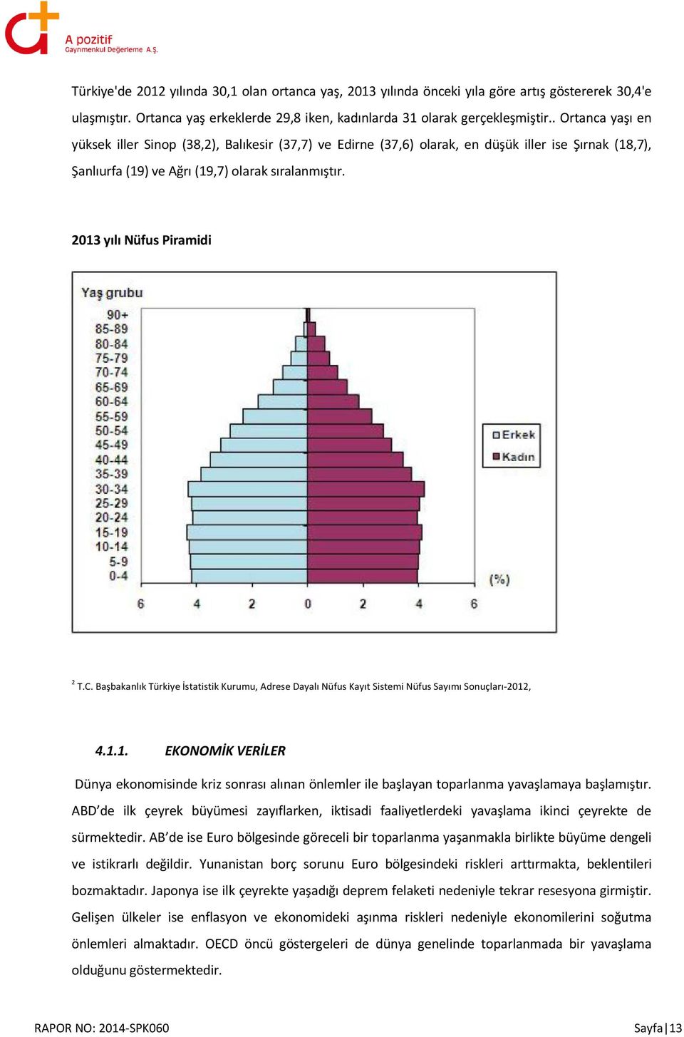 2013 yılı Nüfus Piramidi 2 T.C. Başbakanlık Türkiye İstatistik Kurumu, Adrese Dayalı Nüfus Kayıt Sistemi Nüfus Sayımı Sonuçları-2012, 4.1.1. EKONOMİK VERİLER Dünya ekonomisinde kriz sonrası alınan önlemler ile başlayan toparlanma yavaşlamaya başlamıştır.
