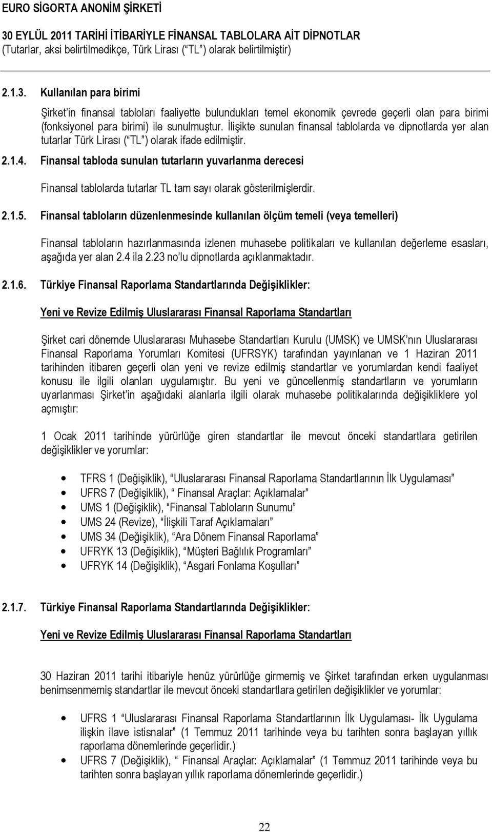 Finansal tabloda sunulan tutarların yuvarlanma derecesi Finansal tablolarda tutarlar TL tam sayı olarak gösterilmişlerdir. 2.1.5.