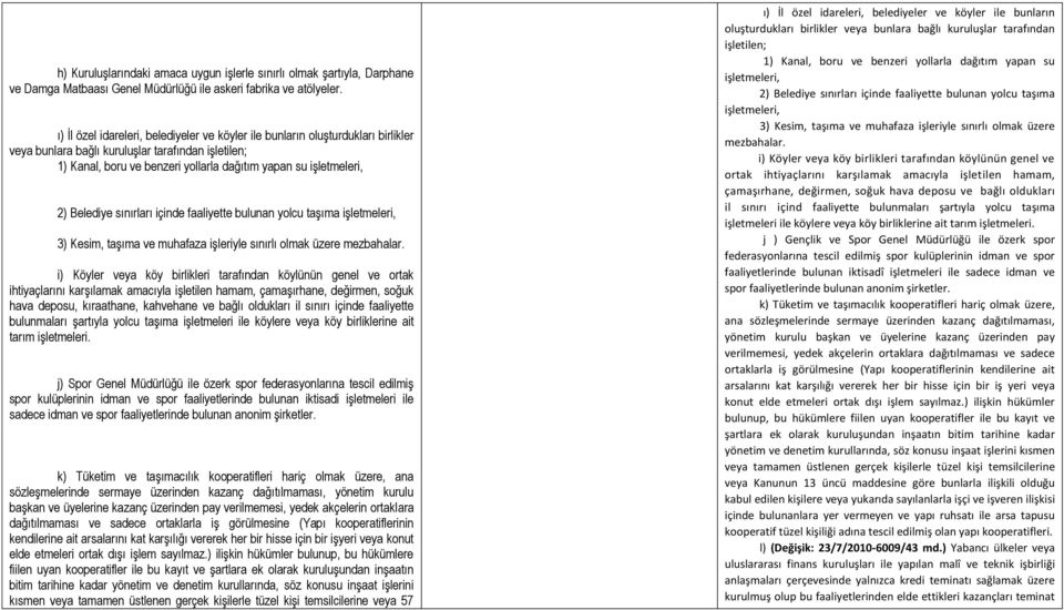 2) Belediye sınırları içinde faaliyette bulunan yolcu taşıma işletmeleri, 3) Kesim, taşıma ve muhafaza işleriyle sınırlı olmak üzere mezbahalar.