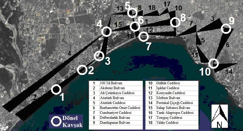 Kösa ve Karagüzel/Mediterr Agric Sci (2016) 29(3): 105-116 107 Şekil 1. Çalışma kapsamındaki yolların ve dönel kavşakların genel konumu ve numaralandırılması. Figure 1.