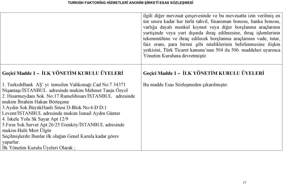 yetkisini, Türk Ticaret kanunu nun 504 ila 506. maddeleri uyarınca Yönetim Kuruluna devretmiştir. Geçici Madde 1 İLK YÖNETİM KURULU ÜYELERİ 1.