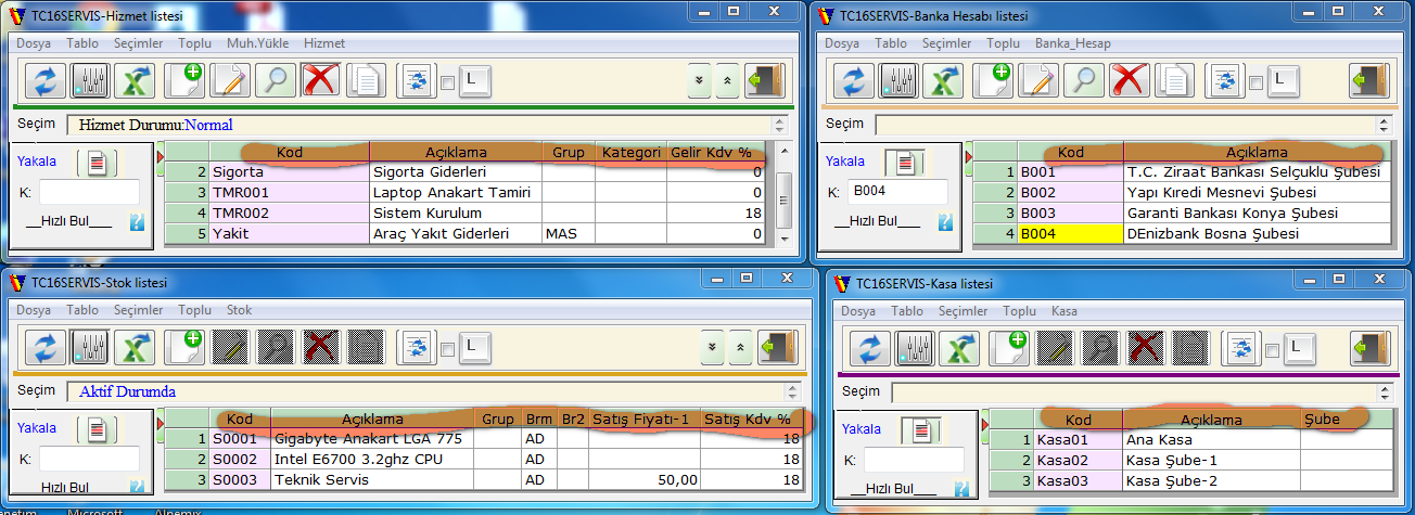 : Cari hesap, Kasa, Banka, Vergi, Hizmet, Stok, Döviz, Çek&Senet Master Tanımlarında kullanılan kod listesi ekran yapıları temel olarak aynı olmasına rağmen aşağıda kırmızı belirteçle gösterildiği