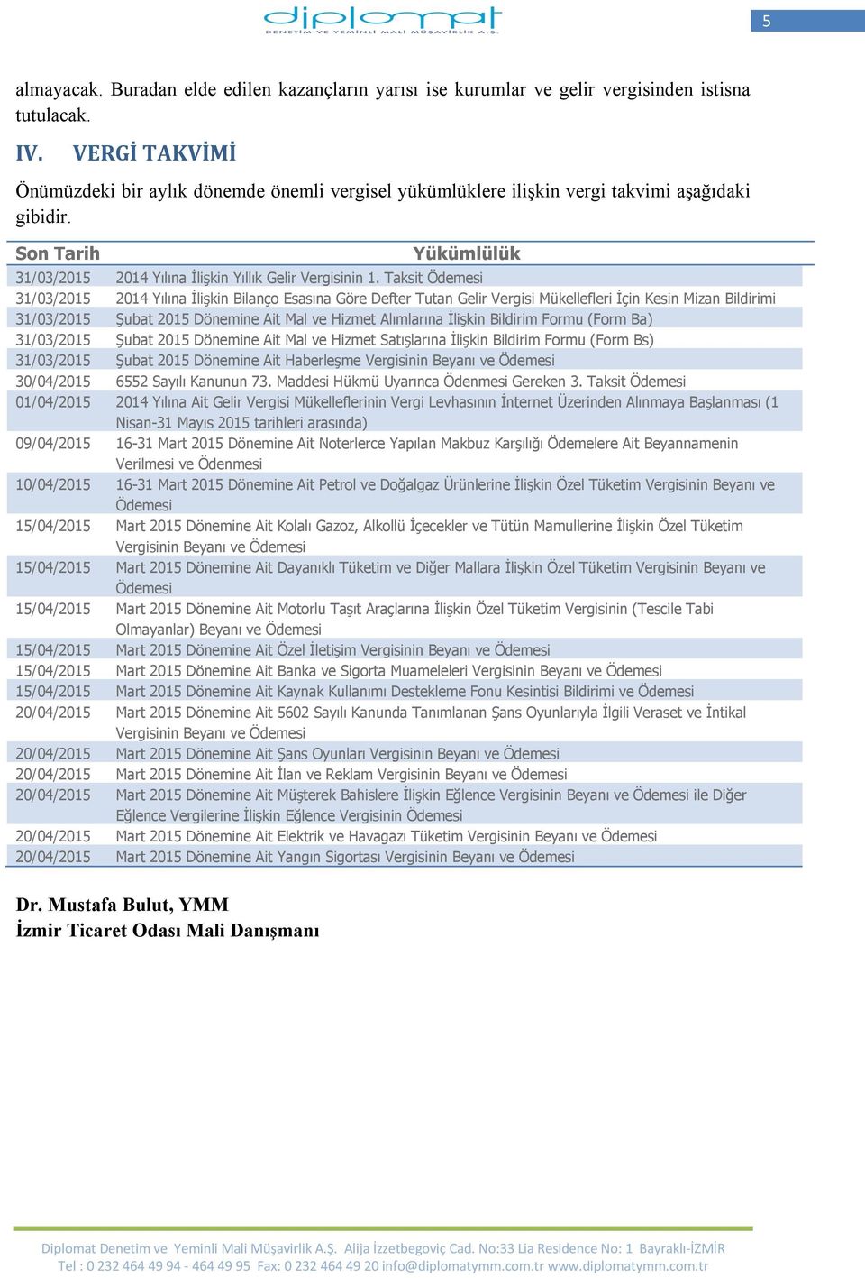 Taksit Ödemesi 31/03/2015 2014 Yılına İlişkin Bilanço Esasına Göre Defter Tutan Gelir Vergisi Mükellefleri İçin Kesin Mizan Bildirimi 31/03/2015 Şubat 2015 Dönemine Ait Mal ve Hizmet Alımlarına