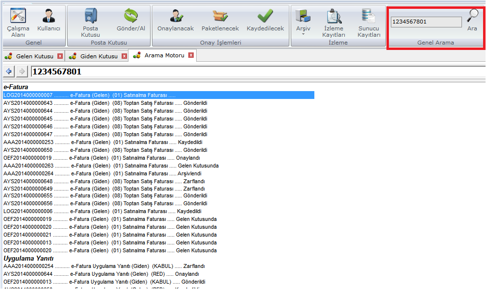 A. Genel Menüsü * Genel menüsünde yer alan arama motoruyla fatura numarası, gönderici VKN, gönderici etiketi, alıcı etiketi, fatura ETTN ve zarf id ye göre arama yapabilirsiniz.