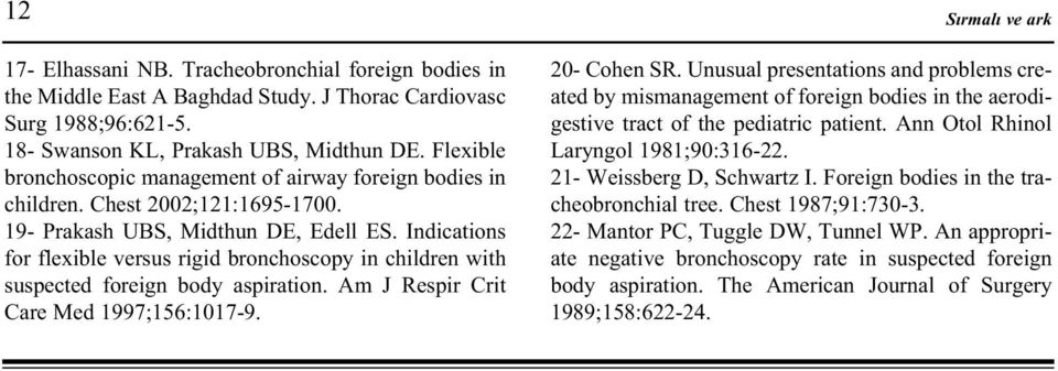 Indications for flexible versus rigid bronchoscopy in children with suspected foreign body aspiration. Am J Respir Crit Care Med 1997;156:1017-9. 20- Cohen SR.