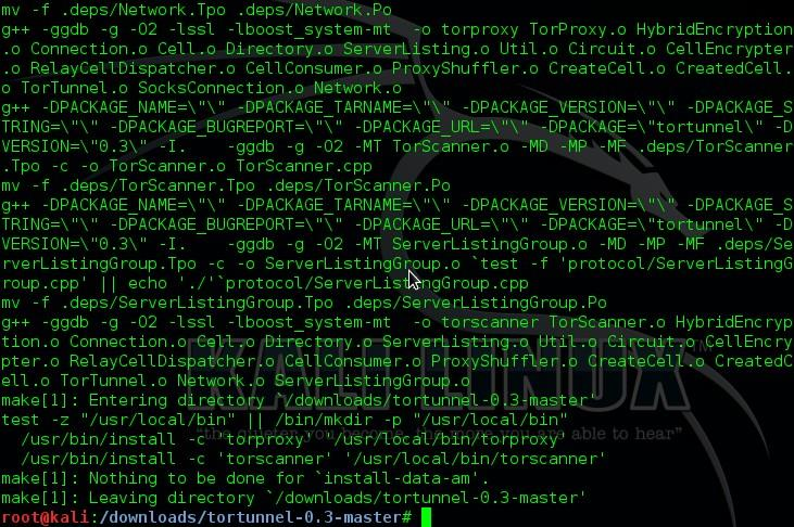 Tor-tunnel kurulumunun son aşamasını gerçekleştirmek için " sudo make && sudo make install* " komutunu giriyoruz ve yükleme işleminin bitmesini bekliyoruz.