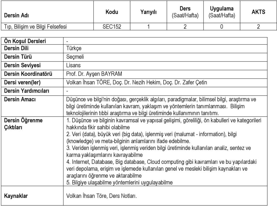 Ayşen BAYRAM Dersi veren(ler) Volkan İhsan TÖRE, Doç. Dr.