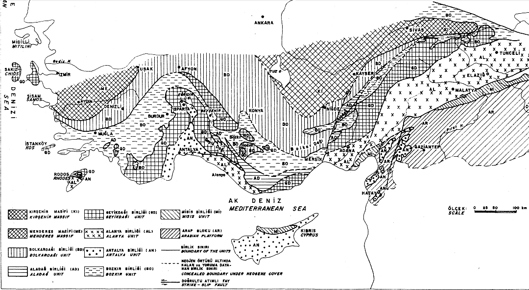 BOZKIR (KONYA, ORTA TOROSLAR) YÖRESİNİN JEOLOJİK ÖZELLİKLERİ 1505 Şekil 2: Orta Toros ların inceleme alanını kapsayan kesiminde yer alan tektono stratigrafi birliklerinin yayılımını gösteren şematik