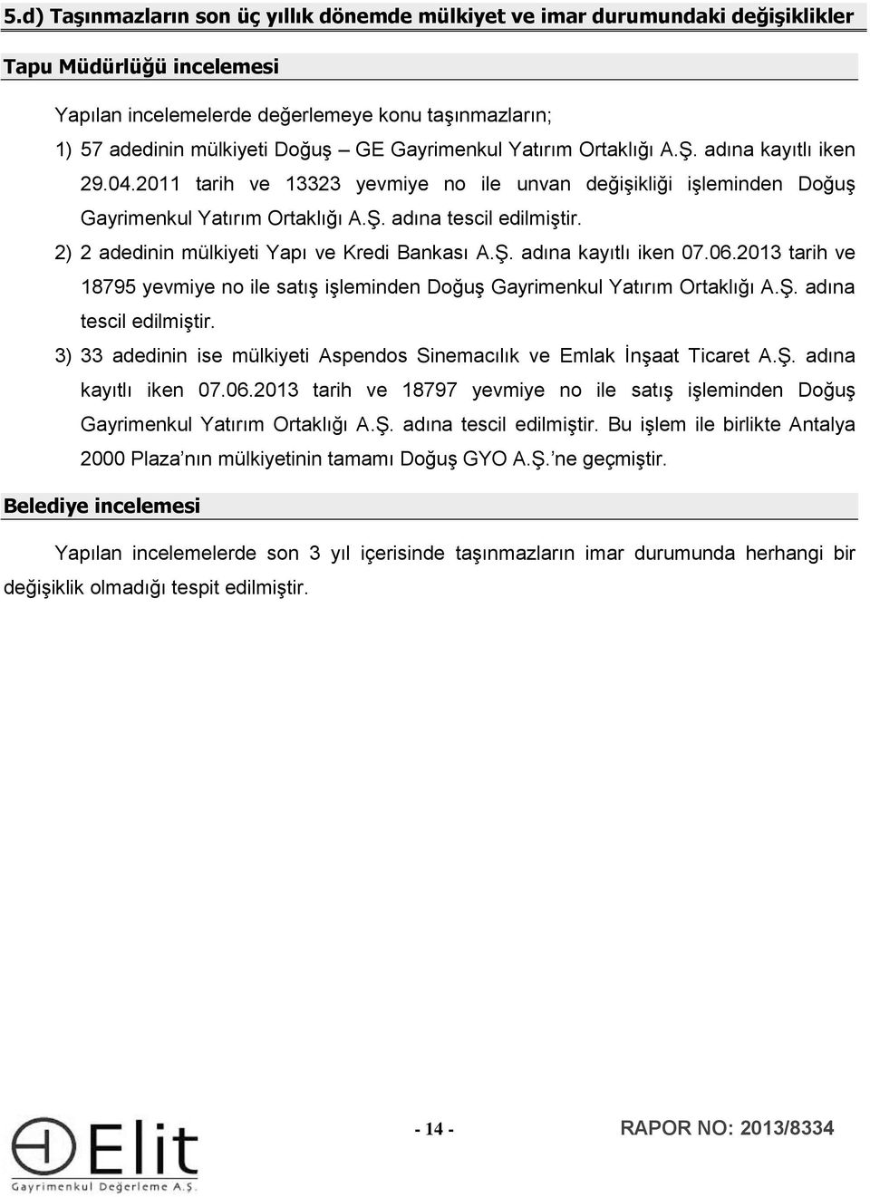 2) 2 adedinin mülkiyeti Yapı ve Kredi Bankası A.Ş. adına kayıtlı iken 07.06.2013 tarih ve 18795 yevmiye no ile satış işleminden Doğuş Gayrimenkul Yatırım Ortaklığı A.Ş. adına tescil edilmiştir.