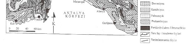 önemlidir. Jeofizik verilere göre (Stanley, 1977), Pliyosen-Kuvaterner sedimentlerin Antalya basenindeki kalınlığı 1 km ye kadar ulaşmaktadır. Şekil 4.1. Antalya Körfezi Kıyıardı Jeolojisi (MTA, 1989 dan hazırlanmıştır).