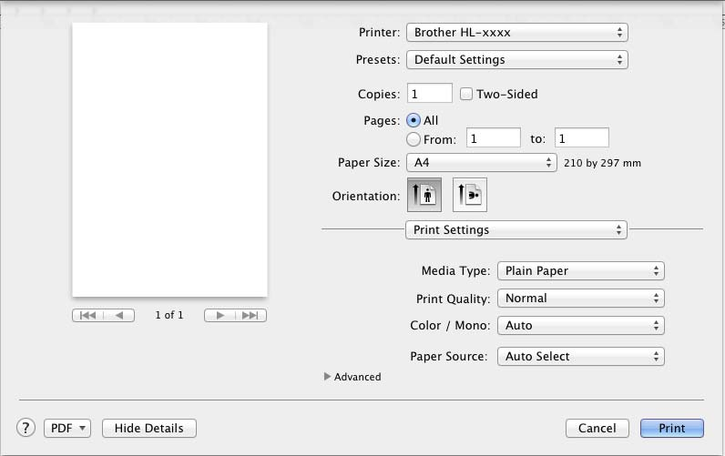Sürücü ve Yazılım Baskı Ayarları 2 Print Settings (Ayarları :Yazdır) listesinde ayarlarınızı seçin: 2 Media Type (Medya Türü) Aşağıdaki ortam türlerinden birini seçin: Plain Paper (Düz Kağıt) Thin