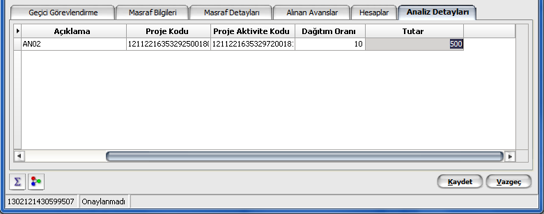 Analiz Detayları Personele ait harcırah işlemlerinin etkileyeceği analiz boyutları ve projeler, harcırah kayıtları üzerinde yer alan Analiz Detayları seçeneği ile kaydedilir.