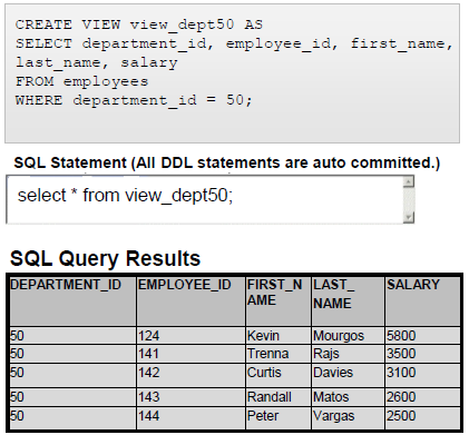 DML Komutları ve Görünümler Örneğin, sağda verilen görünüm Oracle veritabanında bölüm numarası 50 olan yöneticiler için oluşturulmuştur.