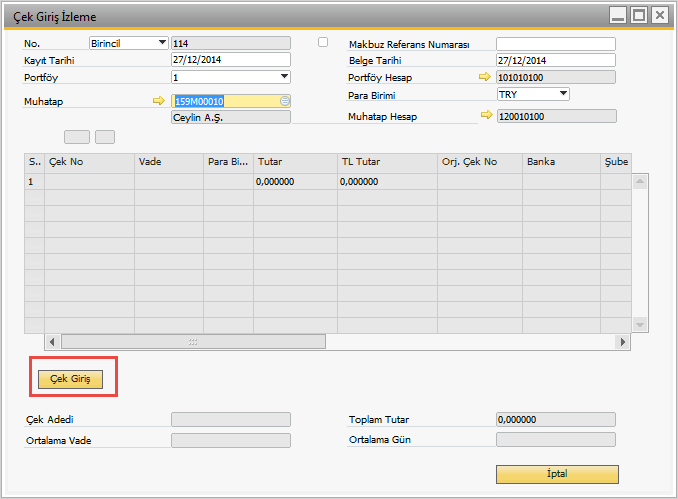 Kayıt aşağıdaki şekilde iptal olur. 7.Devir Çek giriģ Devir çeklerinin girildiği ekrandır, bu ekrandan yapılan işlemler hiç bir muhasebe kaydı oluşturmaz.