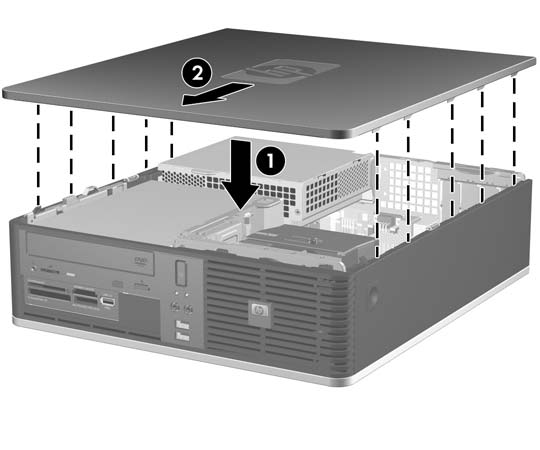 Bilgisayar Erişim Panelini Takma Paneldeki tırnaklarla kasadaki yuvaları hizalayın (1) ve erişim paneli