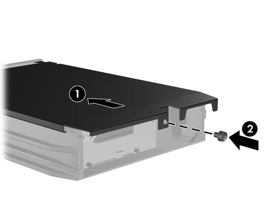 9. Taşıyıcının üstündeki kapağı kaydırın (1) ve kapağı yerinde sabitlemek için taşıyıcının arkasına vidaları takın (2). Şekil 2-48 Taşıyıcı Kapağını Takma 10.