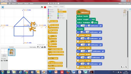 3. SINIF ÖĞRENCİLERİMİZLE, SCRATCH 2 PROGRAMINI KULLANARAK GEOMETRİK ŞEKİLLER ÇİZDİK Öğrencilerimiz, Scratch 2 programını kullanarak, karakterleri koordinat arka planında yer alan x, y değerlerine