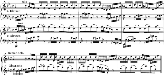 120 biçim görülür. Çalgısal yazım biçimi bakımından birbirinden ayrılan birçok kısım ilk bölümde sık görülmektedir. Şekil 86. BWV 1060, 1.