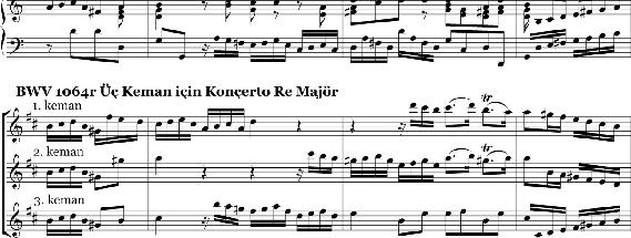 126 Bach ın düzenlemesinde solo parti on yedinci ölçü sonundan itibaren iki ölçü boyunca klavsenlerin sol el partisinde verilmiştir.