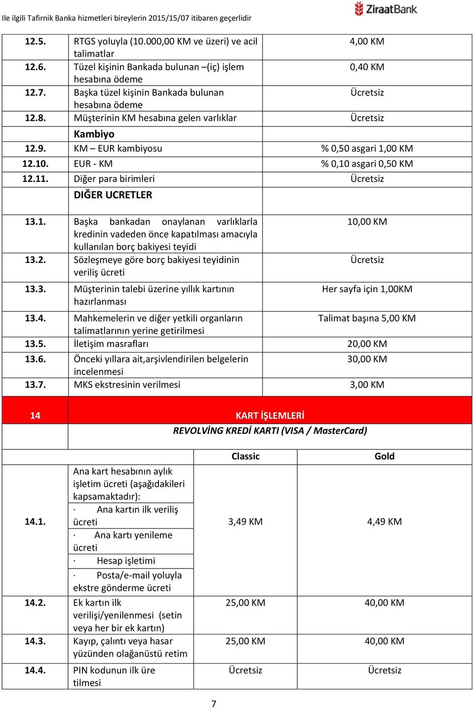 2. Sözleşmeye göre borç bakiyesi teyidinin veriliş 13.3. Müşterinin talebi üzerine yıllık kartının hazırlanması 10,00 KM Her sayfa için 1,00KM 13.4.