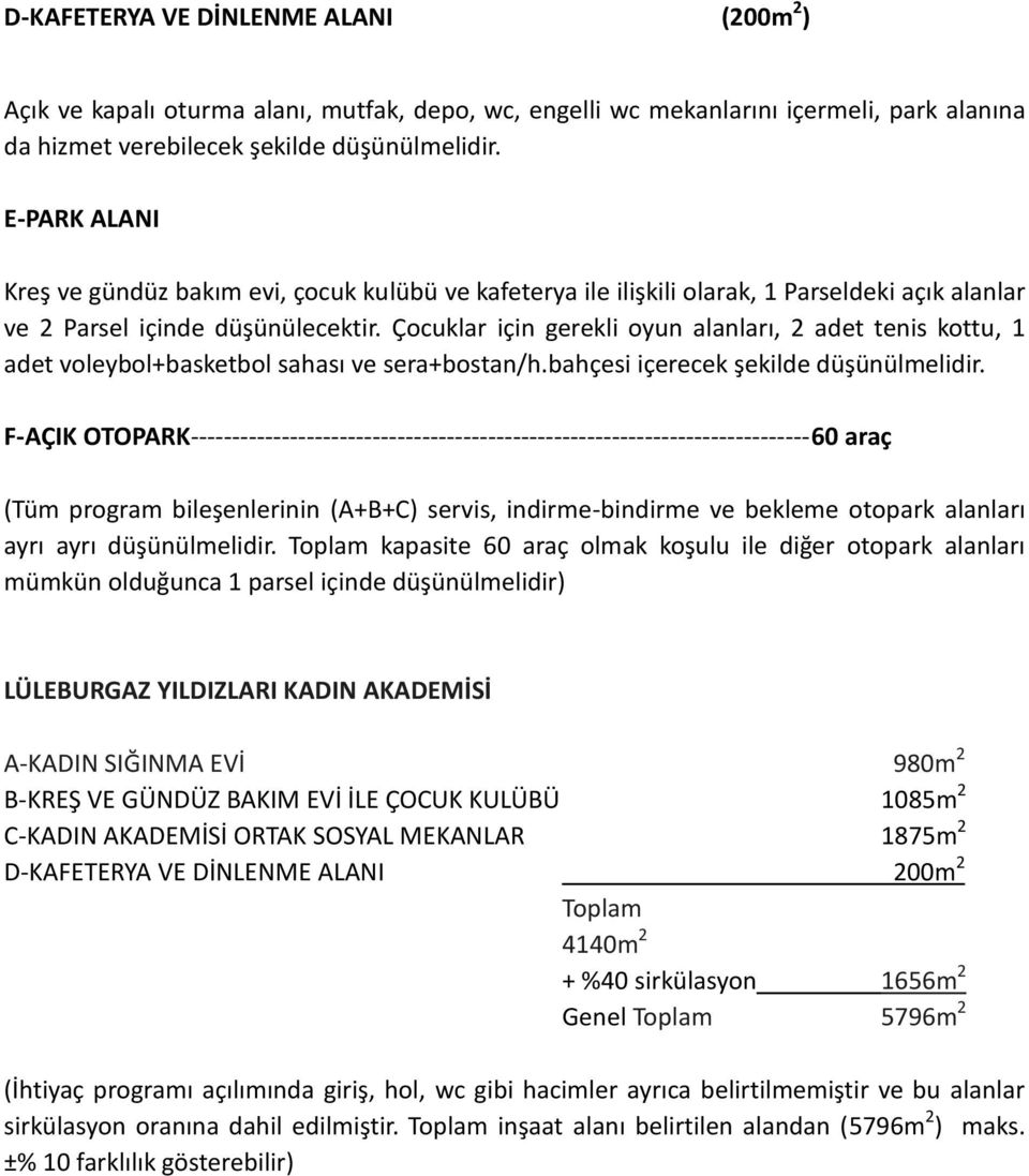 Çocuklar için gerekli oyun alanları, 2 adet tenis kottu, 1 adet voleybol+basketbol sahası ve sera+bostan/h.bahçesi içerecek şekilde düşünülmelidir.