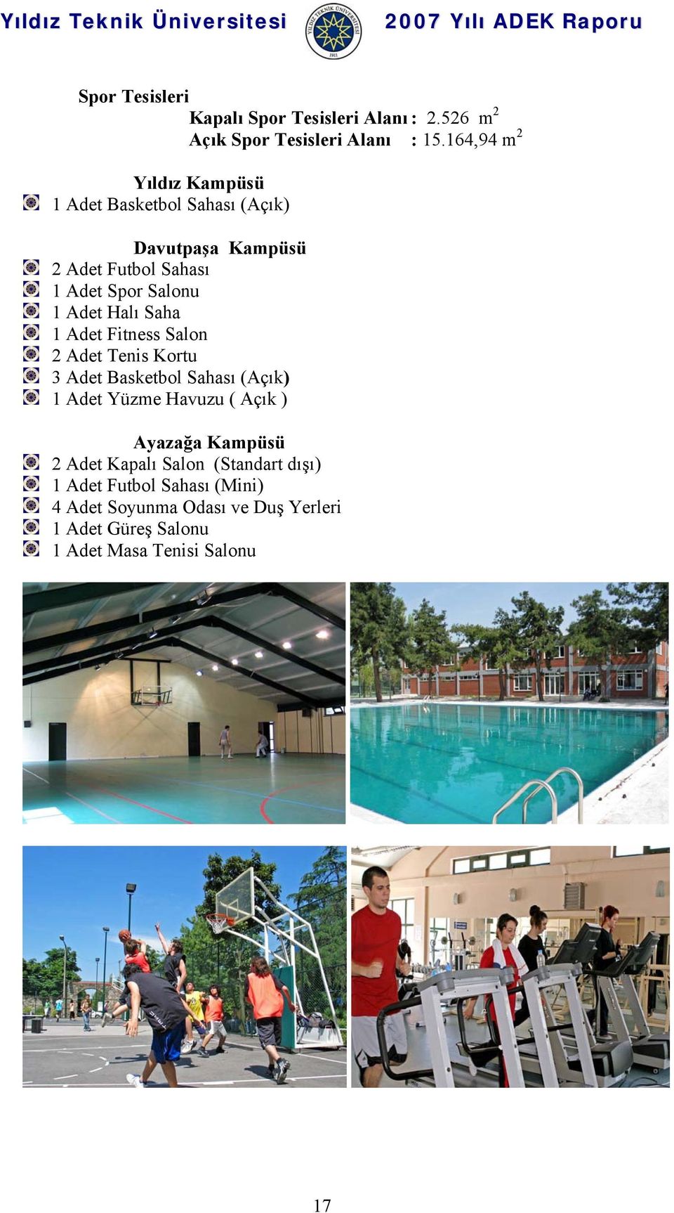 Adet Halı Saha 1 Adet Fitness Salon 2 Adet Tenis Kortu 3 Adet Basketbol Sahası (Açık) 1 Adet Yüzme Havuzu ( Açık )