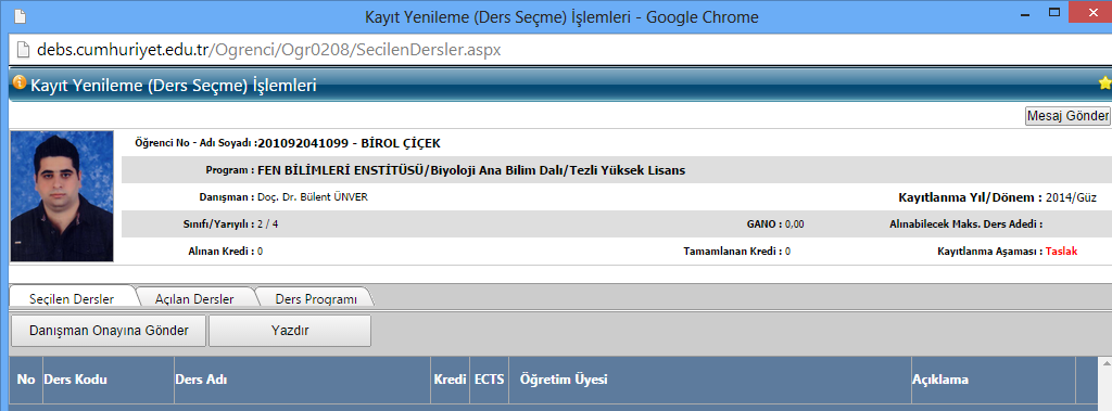 Güz döneminde almak istediğiniz derslerin seçimini, danışmanınızın onayı doğrultusunda yapmanız gerektiği için, danışmanınızın nezaretinde enstitü otomasyon web adresine (debs.cumhuriyet.edu.