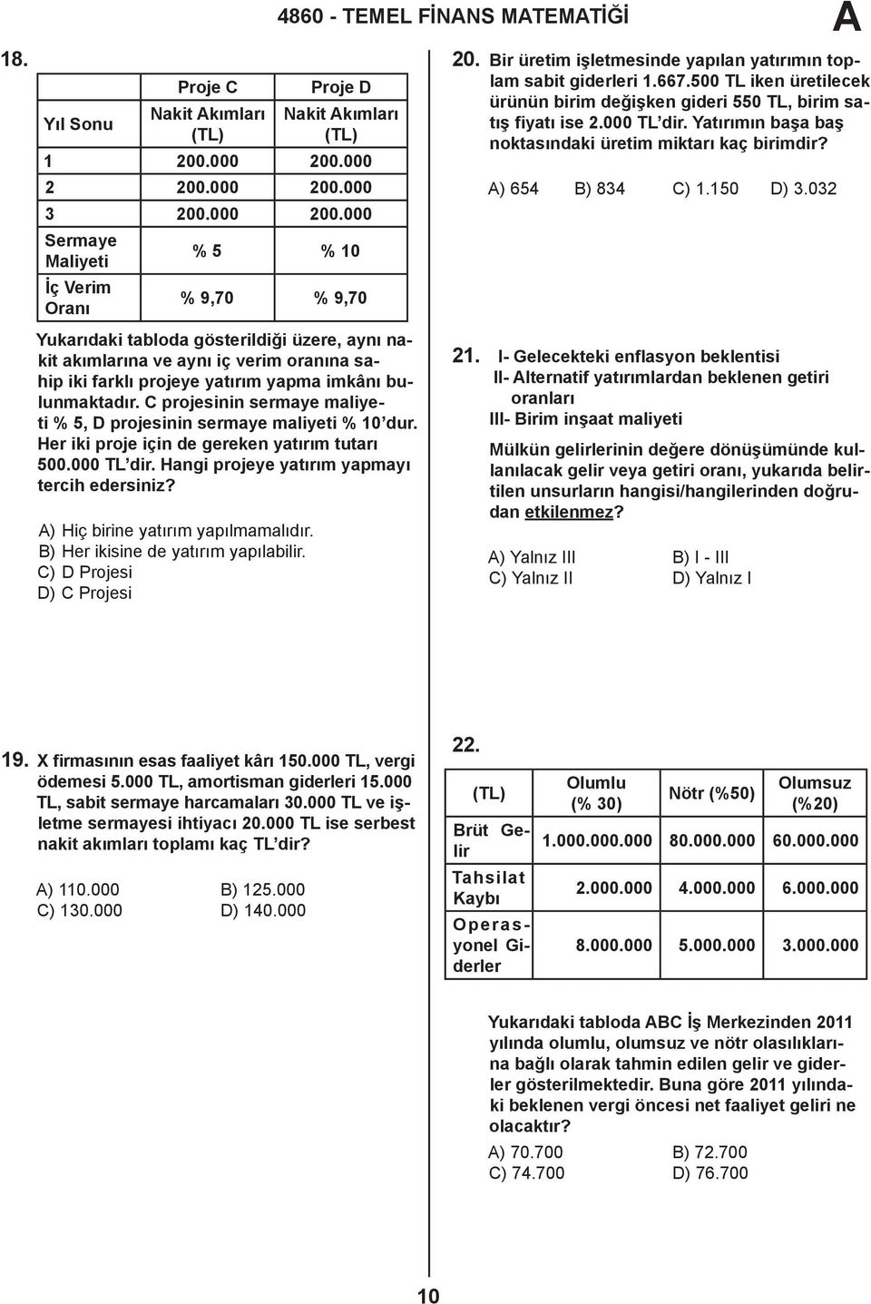 Yatırımın başa baş noktasındaki üretim miktarı kaç birimdir? ) 654 B) 834 C) 1.150 D) 3.