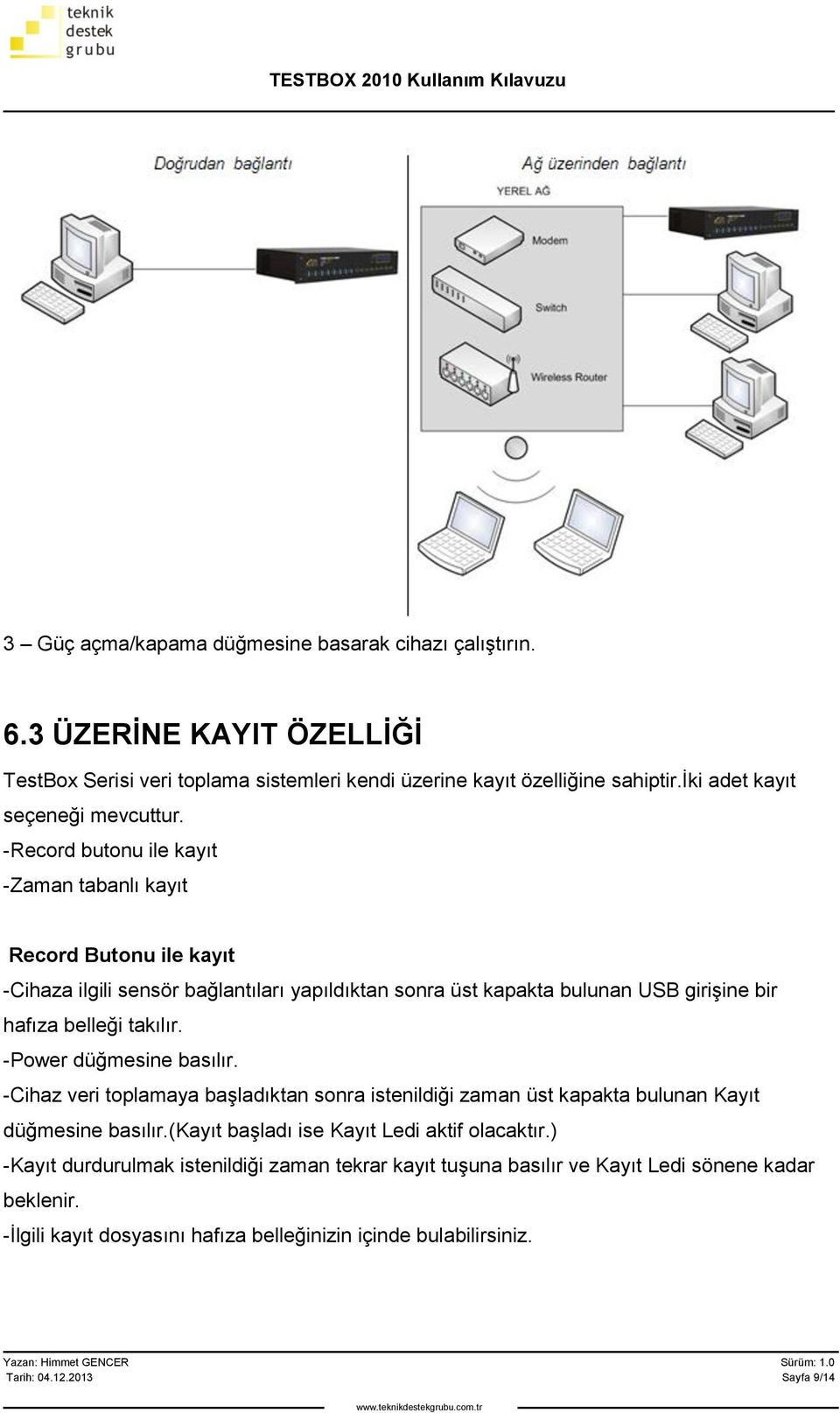 -Record butonu ile kayıt -Zaman tabanlı kayıt Record Butonu ile kayıt -Cihaza ilgili sensör bağlantıları yapıldıktan sonra üst kapakta bulunan USB girişine bir hafıza belleği takılır.