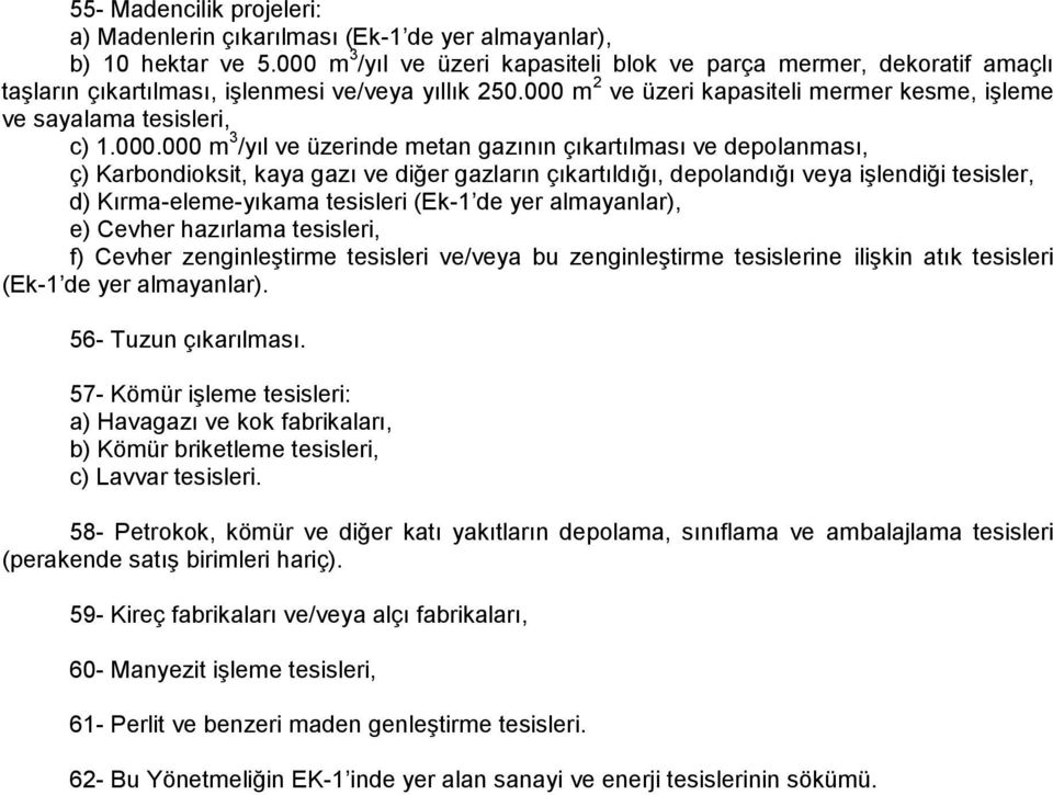 000 m 2 ve üzeri kapasiteli mermer kesme, işleme ve sayalama tesisleri, c) 1.000.000 m 3 /yıl ve üzerinde metan gazının çıkartılması ve depolanması, ç) Karbondioksit, kaya gazı ve diğer gazların