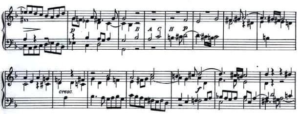 57 193. ölçüde duyulur (Altınel ve Büke, 2006, 348). Şekil 5.14 de bestecinin adının yazılı olduğu ölçü gösterilmiştir. Şekil 5.1.14 J.S.Bach; Füg Sanatı, Füg no:14 Son Füg, (üç konulu ve dört sesli).