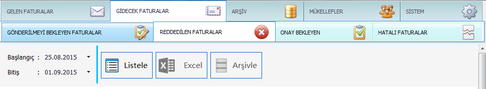 Kullanıcıya gönderilmiş olan fatura tipi temel olanlar, fatura tarih aralığına göre listelenir. Temel faturalara cevap verilemediği için onay ya da red ile ilgili bir işlem bulunmaz. 1.2.