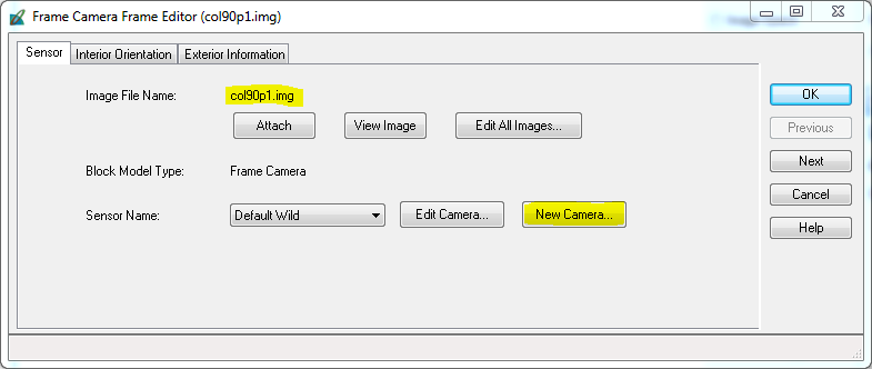 KAMERA MODELİNİN TANIMLANMASI Edit menüsünün altından Frame Editor tıklanır. Açılan pencerede seçili olan görüntüye ait bilgiler görüntülenir(col90p1.img).