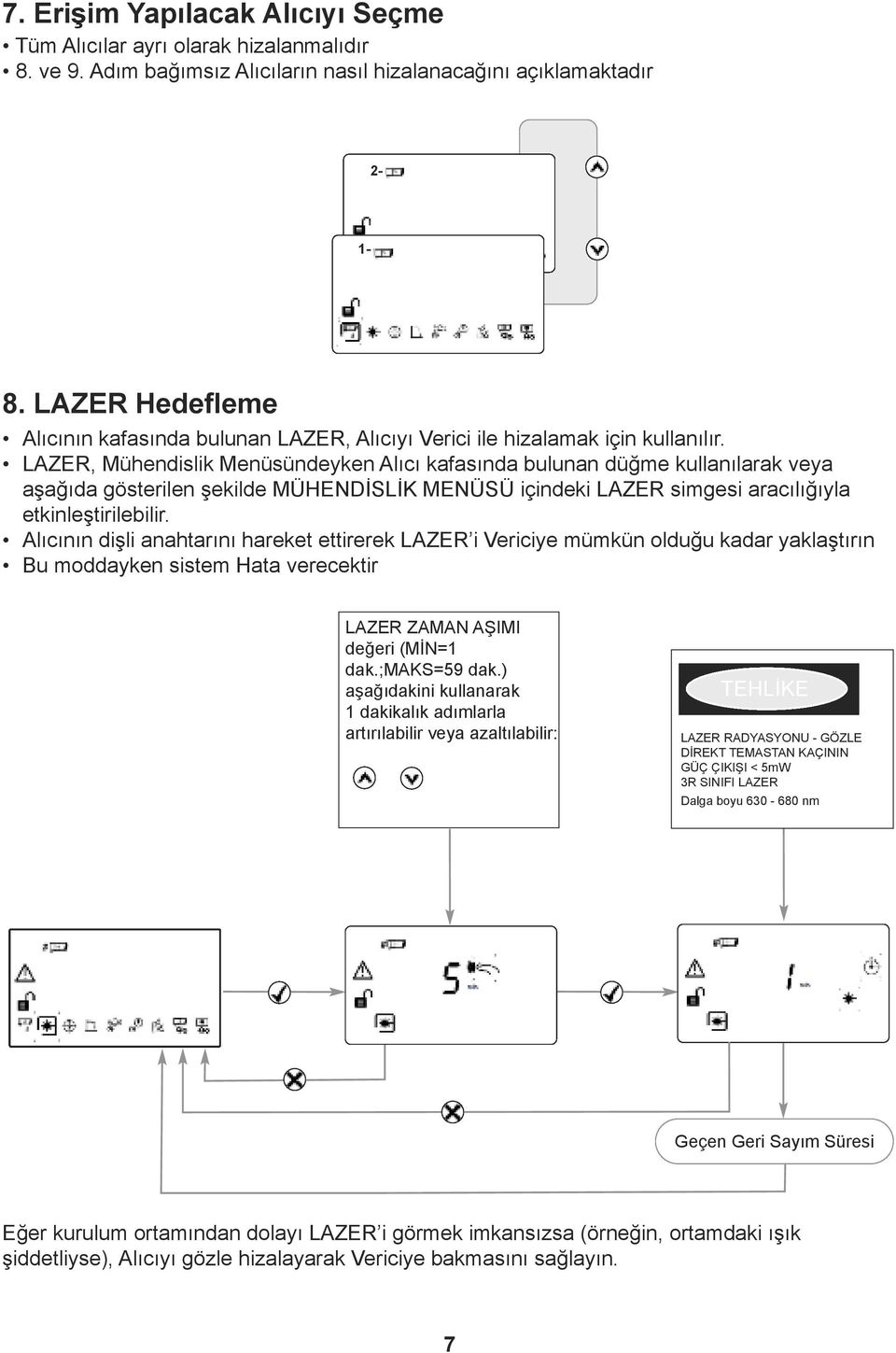LAZER, Mühendislik Menüsündeyken Alıcı kafasında bulunan düğme kullanılarak veya aşağıda gösterilen şekilde MÜHENDİSLİK MENÜSÜ içindeki LAZER simgesi aracılığıyla etkinleştirilebilir.