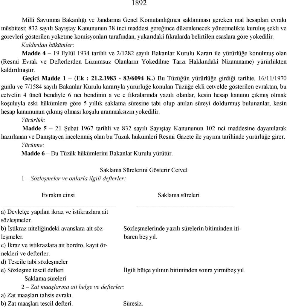 Kaldırılan hükümler: Madde 4 19 Eylül 1934 tarihli ve 2/1282 sayılı Bakanlar Kurulu Kararı ile yürürlüğe konulmuş olan (Resmi Evrak ve Defterlerden Lüzumsuz Olanların Yokedilme Tarzı Hakkındaki