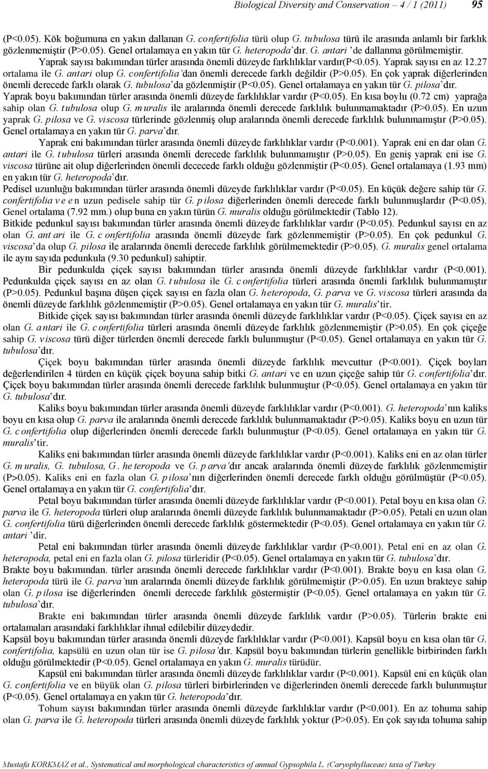 confertifolia dan önemli derecede farklı değildir (P>0.05). En çok yaprak diğerlerinden önemli derecede farklı olarak G. tubulosa da gözlenmiştir (P<0.05). Genel ortalamaya en yakın tür G. pilosa dır.