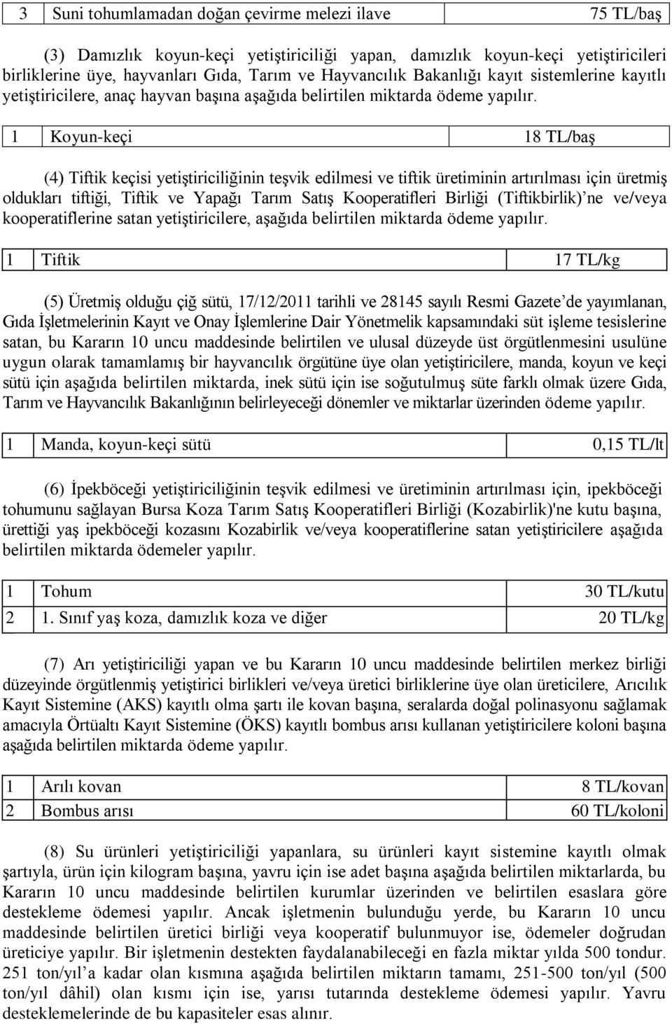 1 Koyun-keçi 18 TL/baĢ (4) Tiftik keçisi yetiģtiriciliğinin teģvik edilmesi ve tiftik üretiminin artırılması için üretmiģ oldukları tiftiği, Tiftik ve Yapağı Tarım SatıĢ Kooperatifleri Birliği