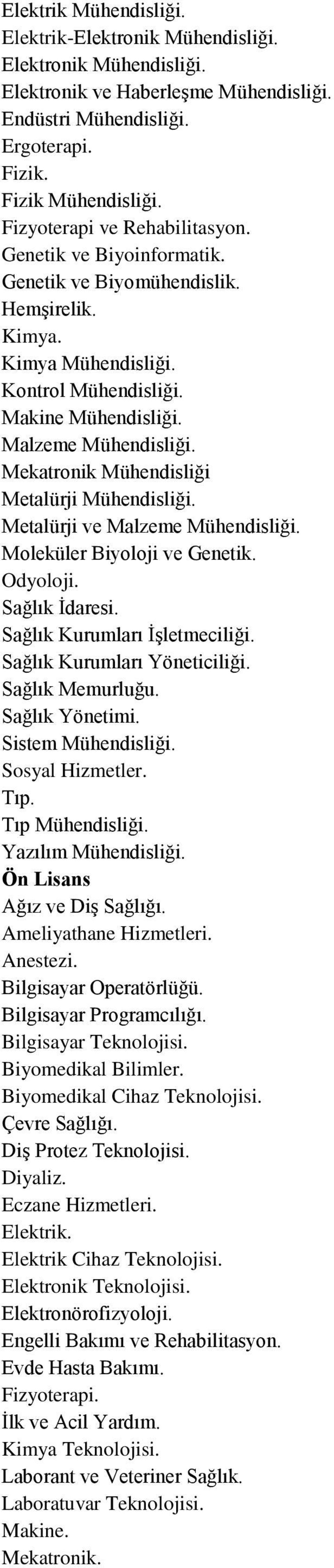 Mekatronik Mühendisliği Metalürji Mühendisliği. Metalürji ve Malzeme Mühendisliği. Moleküler Biyoloji ve Genetik. Odyoloji. Sağlık İdaresi. Sağlık Kurumları İşletmeciliği.