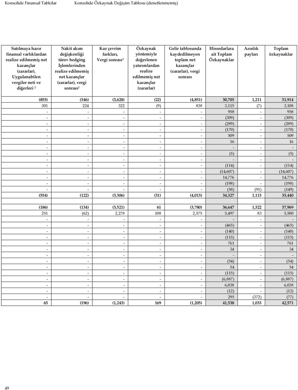 kazançlar (zararlar) Gelir tablosunda kaydedilmeyen toplam net kazançlar (zararlar), vergi sonrası Hissedarlara ait Toplam Özkaynaklar Azınlık payları Toplam özkaynaklar (855) (346) (3,628) (22)