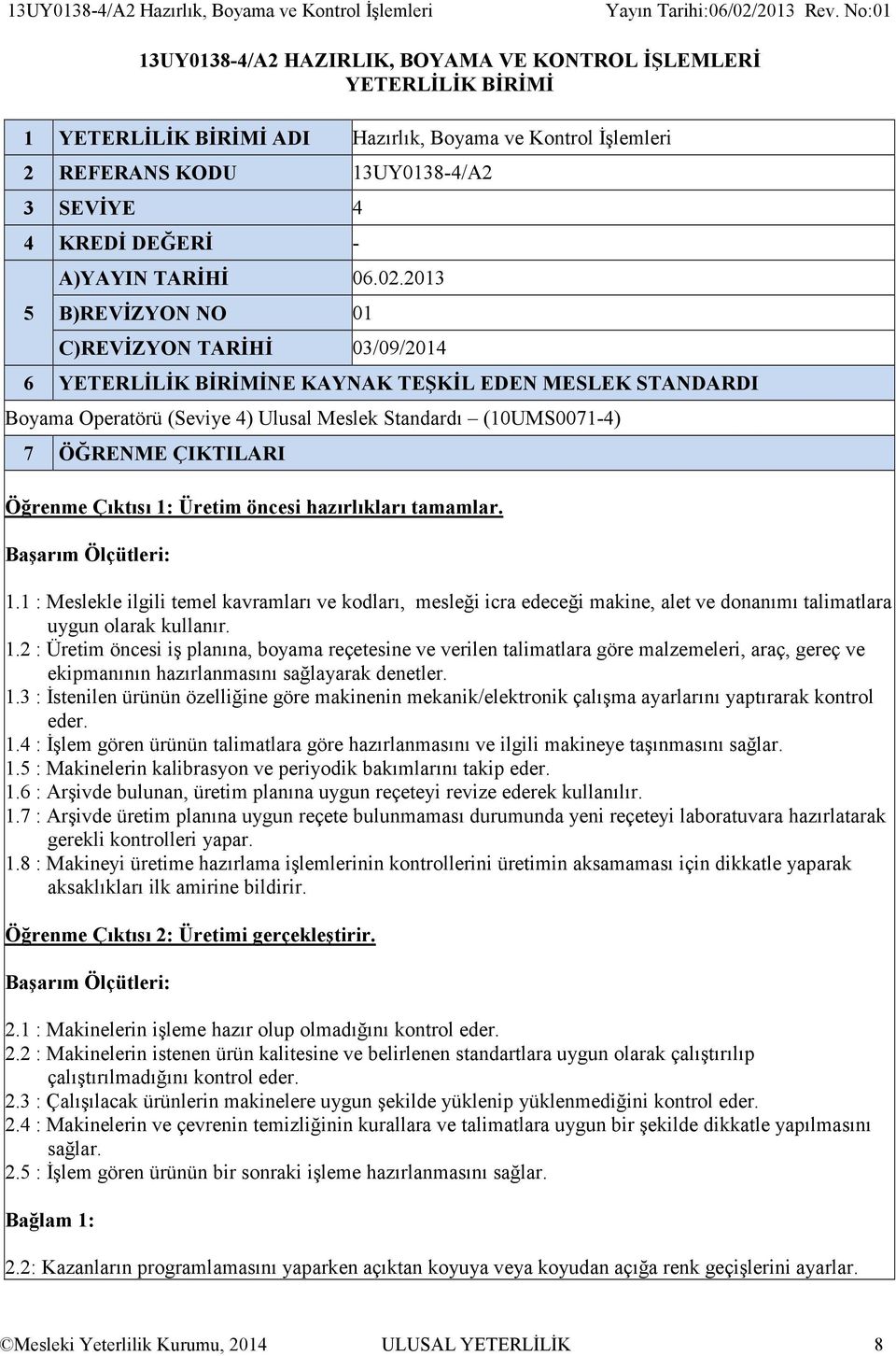 2013 B)REVİZYON NO 01 C)REVİZYON TARİHİ 03/09/2014 6 YETERLİLİK BİRİMİNE KAYNAK TEŞKİL EDEN MESLEK STANDARDI Boyama Operatörü (Seviye 4) Ulusal Meslek Standardı (10UMS0071-4) 7 ÖĞRENME ÇIKTILARI