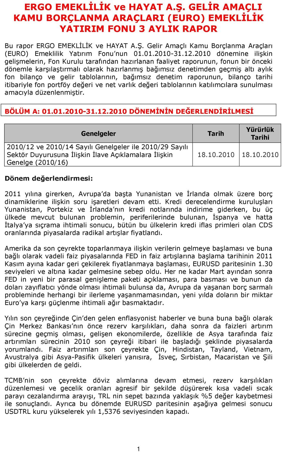 2010 dönemine ilişkin gelişmelerin, Fon Kurulu tarafından hazırlanan faaliyet raporunun, fonun bir önceki dönemle karşılaştırmalı olarak hazırlanmış bağımsız denetimden geçmiş altı aylık fon bilanço