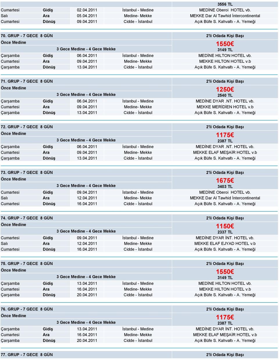 b Çarşamba Dönüş 13.04.2011 Cidde - İstanbul Açık Büfe S. Kahvaltı - A. Yemeği 71. GRUP - 7 GECE 8 GÜN 2'li Odada Kişi Başı Çarşamba Gidiş 06.04.2011 İstanbul - Medine MEDİNE DYAR.NT. HOTEL vb.