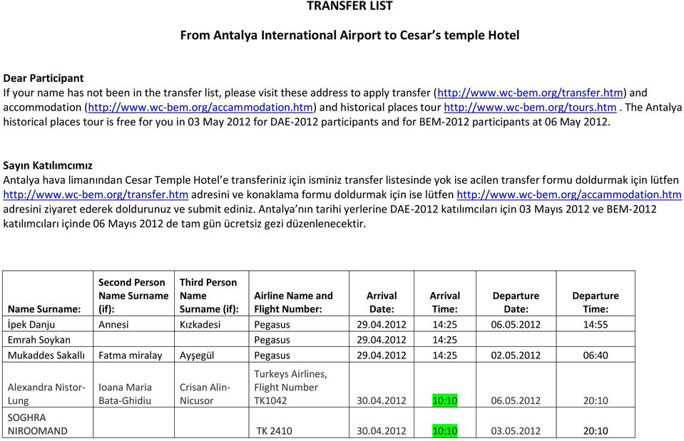 Sayın Katılımcımız Antalya hava limanından Cesar Temple Hotel e transferiniz için isminiz transfer listesinde yok ise acilen transfer formu doldurmak için lütfen http://www.wc-bem.org/transfer.