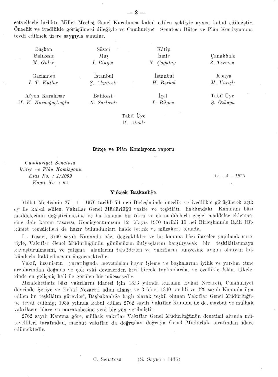 Çağatay Çanakkale Z. Termen Gaziantep /. T. Kutlar İstanbul. Akyürel: İstanbul //. Berkol Konya./. Varışlı Afyon Karahisar M. K. Karaağaç! loğlu Balıkesir N. S arlı cah İçel L. Bilgen Tabiî Üye $.