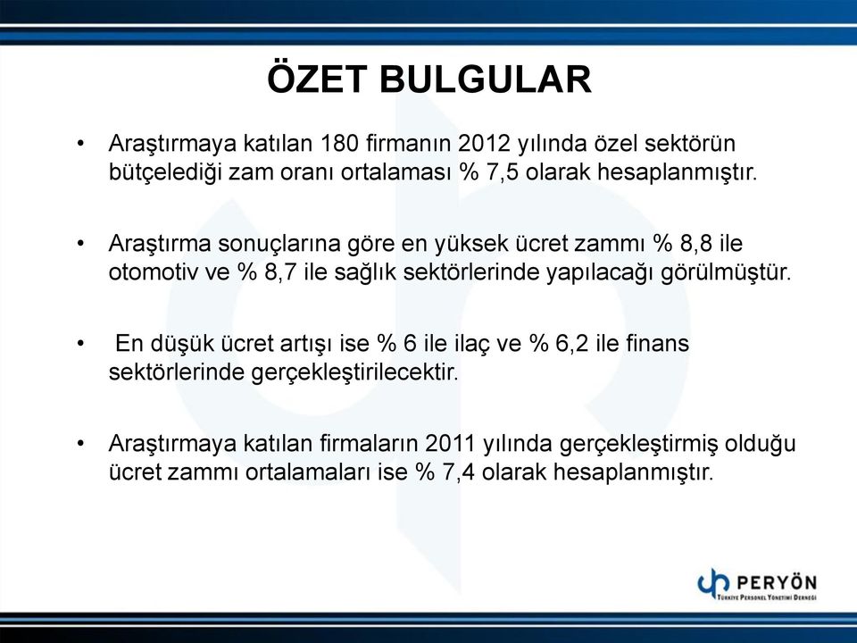 Araştırma sonuçlarına göre en yüksek ücret zammı % 8,8 ile otomotiv ve % 8,7 ile sağlık sektörlerinde yapılacağı